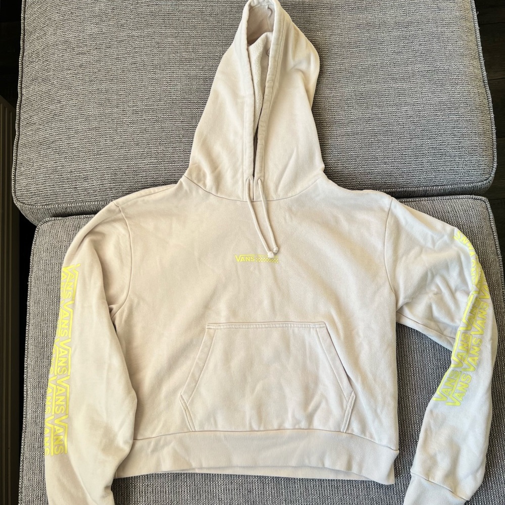 Vans Cropped Hoodie Pullover Beige Yellow Logo Graphic Sweatshirt Women M